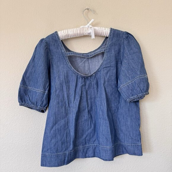 LOFT Denim Shirt Women Size Med Popover Blouse Top Short Sleeve Strappy Back - Picture 7 of 7